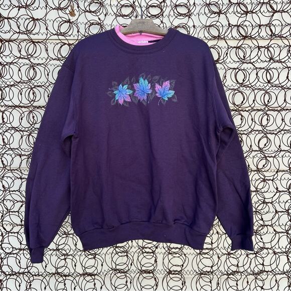 Vintage 90s Granny sweatshirt purple double collar glitter metallic fall leaves - Picture 1 of 4